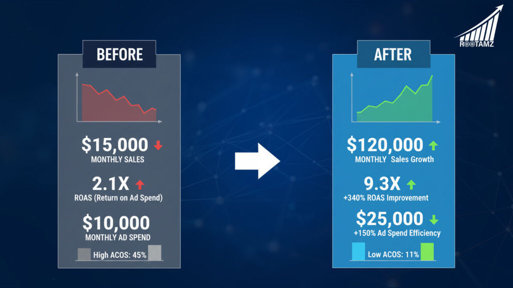 RootAMZ PPC management success results showing 280% ROAS improvement for Amazon Walmart eBay marketplace sellers
