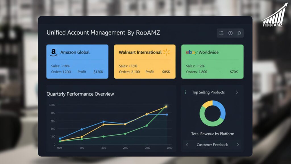 RootAMZ multi-platform international marketplace management dashboard showing Amazon Walmart eBay global performance analytics