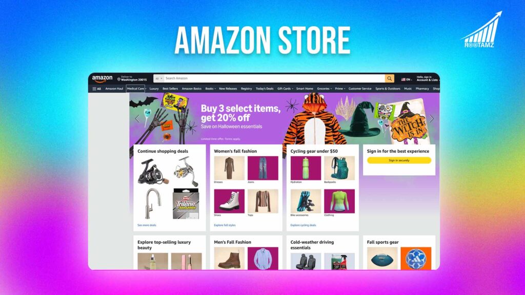 Amazon Brand Store multi-page layout showing custom homepage, product categories, curated collections, & branded shopping experience with navigation & analytics