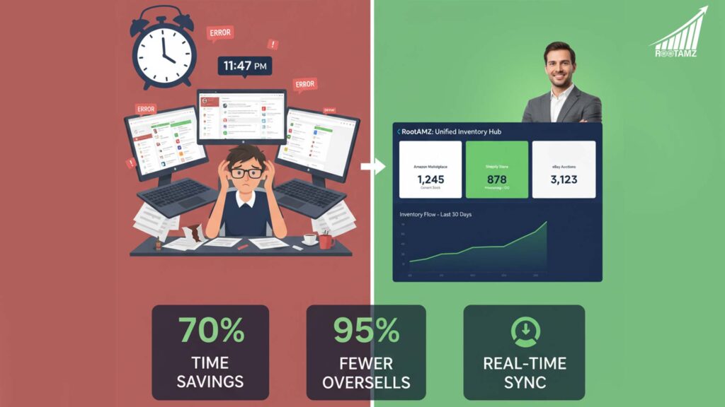 Comparison infographic showing manual inventory management challenges versus RootAMZ automated multi-channel inventory solutions