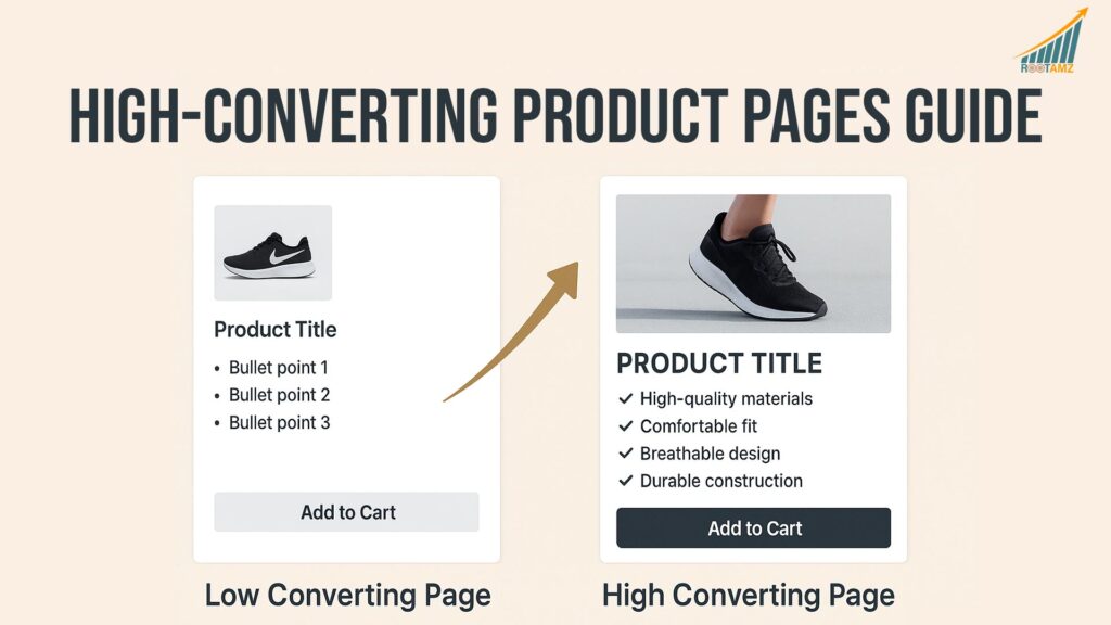Product page  optimisation comparison showing low-converting generic Amazon listing versus high-converting  optimised listing with professional images, benefit-driven content, & strategic A+ Content demonstrating 43% conversion rate improvement