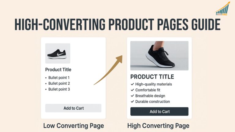 Product page optimisation comparison showing low-converting generic Amazon listing versus high-converting optimised listing with professional images, benefit-driven content, & strategic A+ Content demonstrating 43% conversion rate improvement
