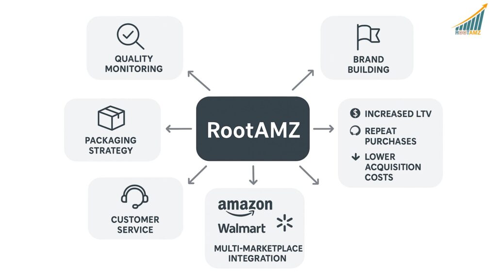 RootAMZ customer loyalty system integrating quality control, branded packaging, customer service excellence, brand building, & analytics across Amazon, Walmart, & eBay marketplaces