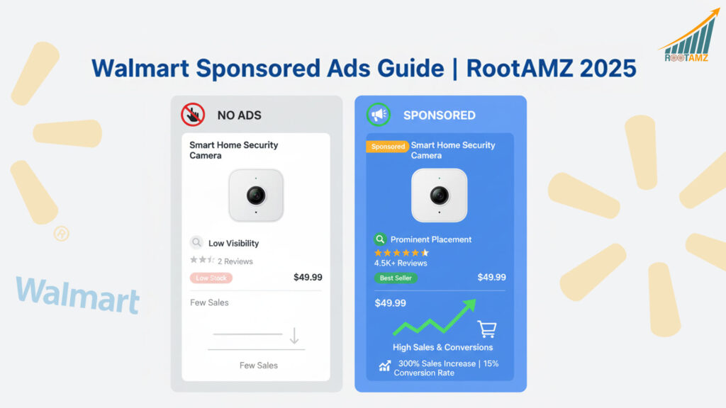 Comparison showing Walmart product listing without sponsored ads versus with Walmart Sponsored Search Ads demonstrating increased visibility, traffic, & sales conversions