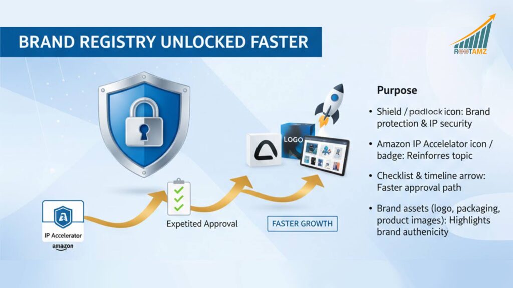 Amazon IP Accelerator brand protection illustration showing fast access to Amazon Brand Registry, trademark filing & counterfeit prevention for eCommerce brands