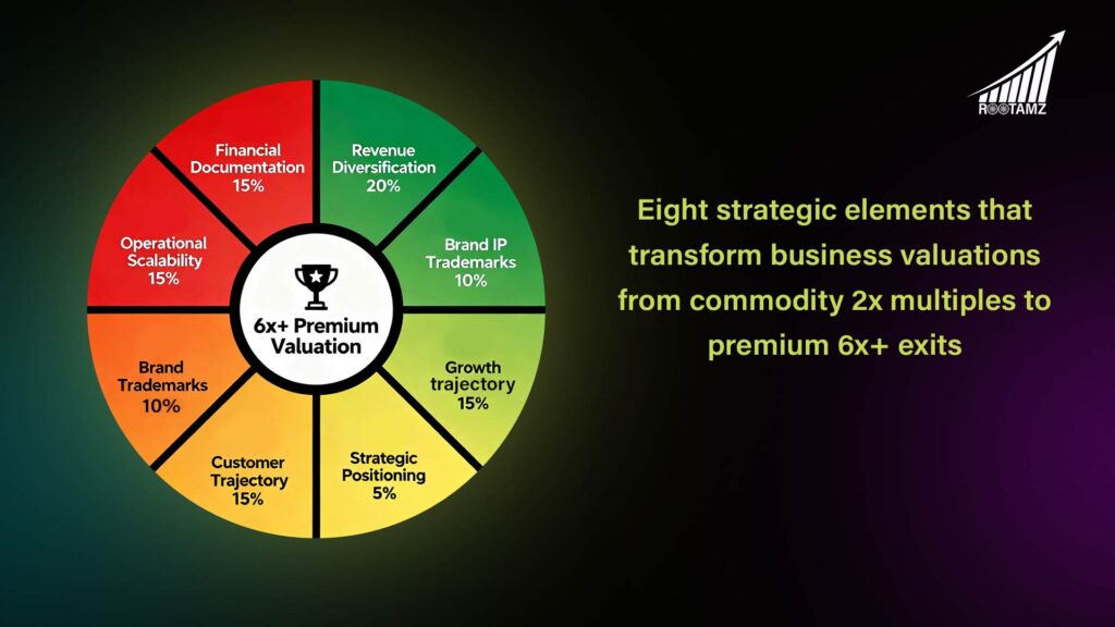 Key value drivers for eCommerce brand valuation including financial systems, diversification, operational scalability, brand development, and customer metrics that increase exit multiples to 6x+