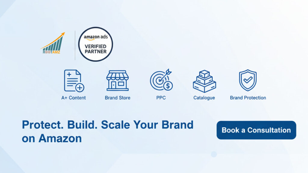 RootAMZ Amazon Ads Verified Partner banner highlighting A+ Content, Brand Store design, IP protection, Amazon Brand Registry support & eCommerce growth services