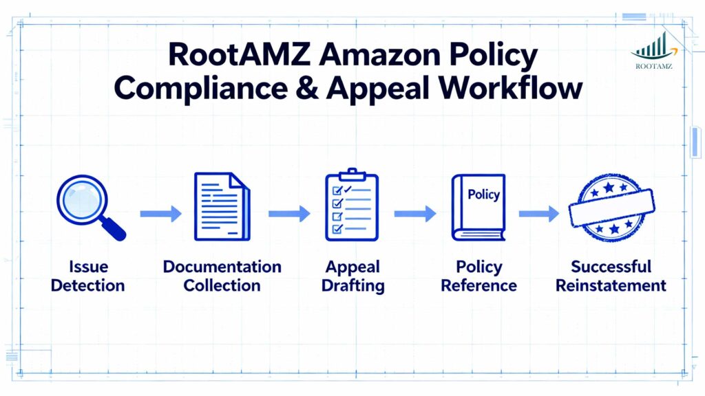 RootAMZ Amazon policy compliance & appeal workflow chart showing issue detection, documentation, appeal drafting & ASIN reinstatement, Amazon Account Health expert support 2025.