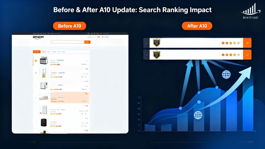 Before & after Amazon A10 update comparison chart showing ranking impact, external traffic importance, & listing performance improvements managed by RootAMZ.