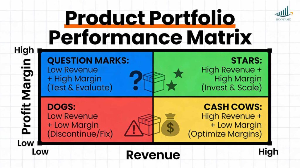 Amazon product portfolio matrix categorizing products into Stars, Cash Cows, Question Marks and Dogs based on revenue and profit margin for strategic decision-making
