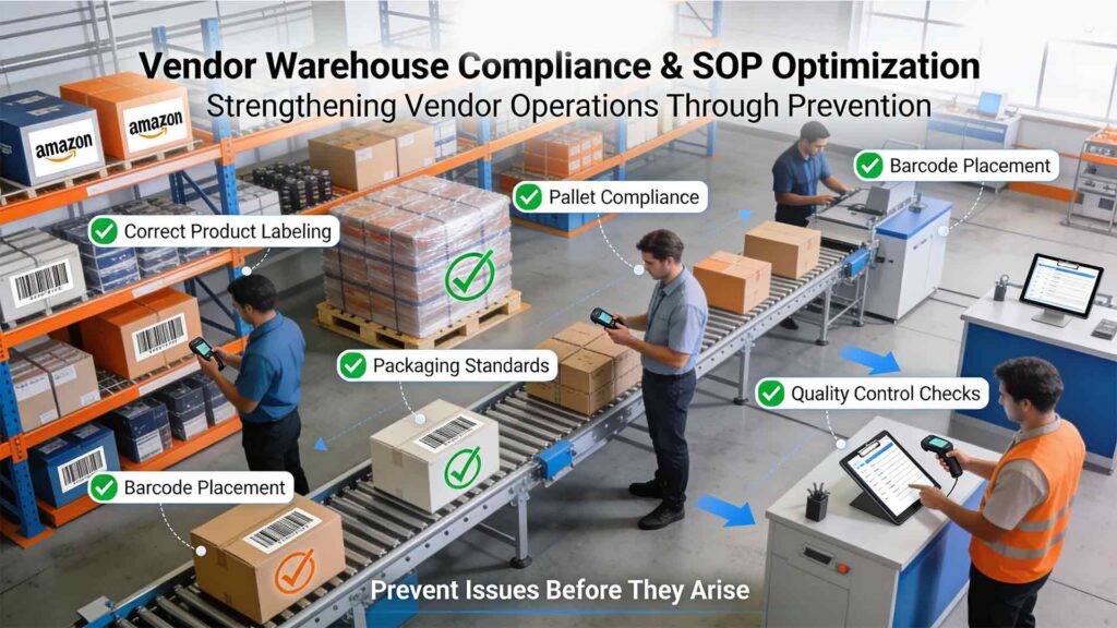 Amazon Vendor Central warehouse compliance image showing correct labeling, packaging, pallet prep & RootAMZ SOP optimization to prevent chargebacks.