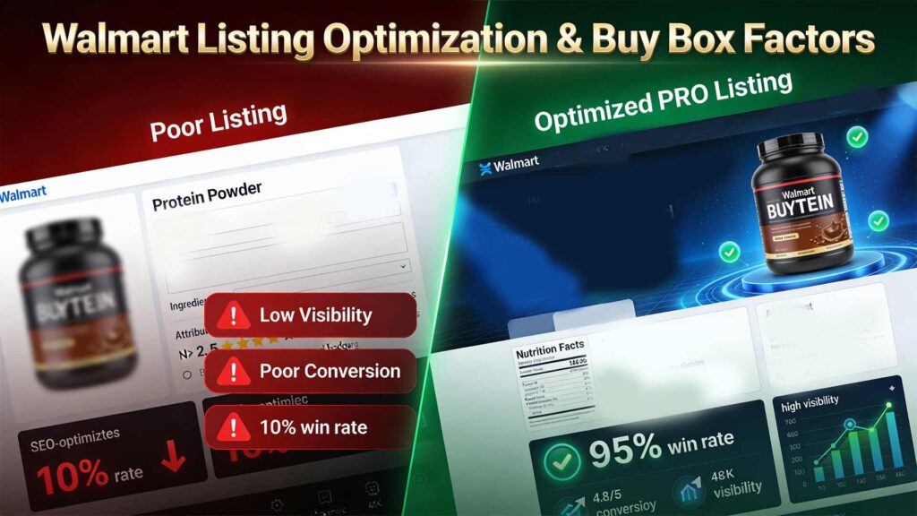 Walmart Marketplace listing optimization comparison showing SEO-optimised titles, product attributes, images, pricing strategy & Buy Box eligibility improvement.