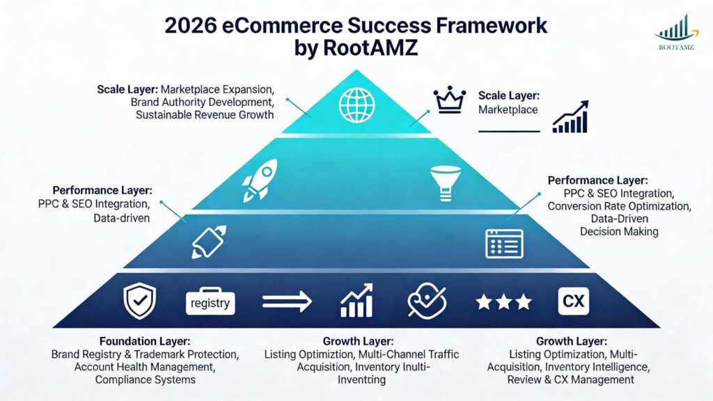 2026 eCommerce success framework pyramid showing foundation, growth, performance & scale strategies including brand protection, multi-channel traffic, PPC optimization, inventory management & marketplace expansion managed by RootAMZ full-service eCommerce team.