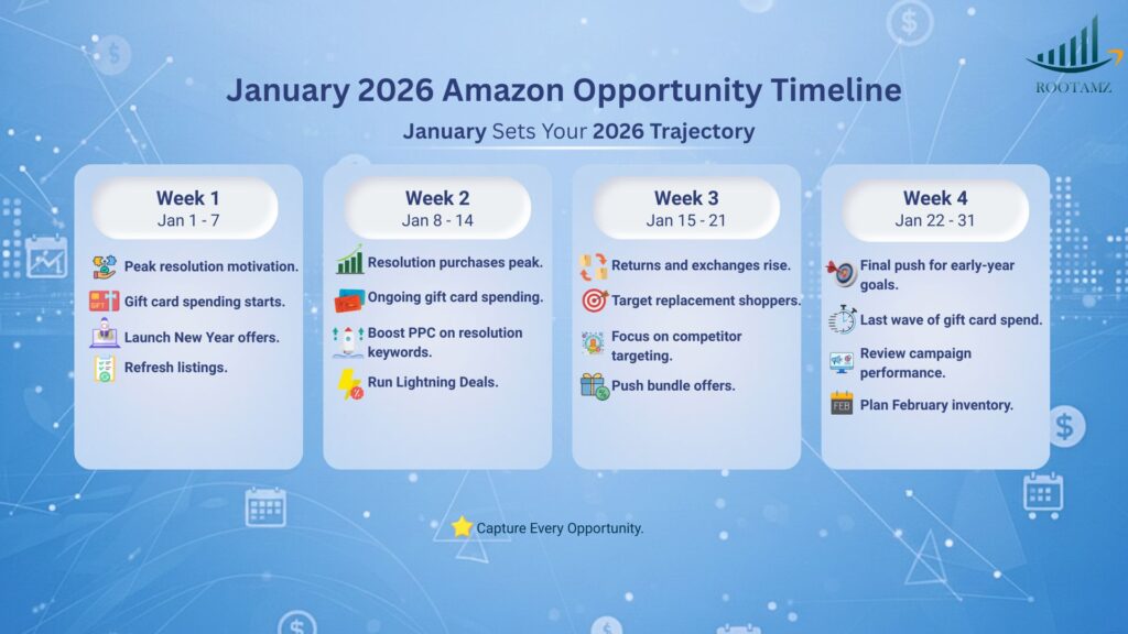 Amazon January 2026 sales opportunity timeline showing week-by-week strategy including New Year resolution peak, gift card redemption patterns, return shopping windows, promotional timing & inventory planning RootAMZ post-holiday selling calendar for maximum revenue capture.
