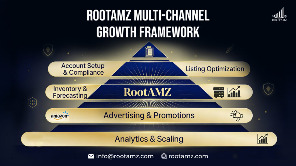 RootAMZ multi-channel ecommerce growth framework for Amazon, Walmart & eBay including listing optimization, inventory planning, advertising & compliance