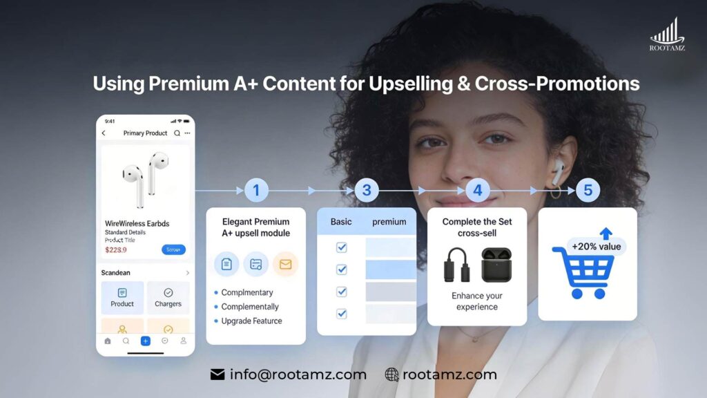 Amazon Premium A+ Content upselling & cross-promotion strategy showing product comparison, bundle recommendations & higher average order value.