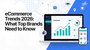 eCommerce trends 2026 infographic showing algorithm intelligence, external traffic strategy, brand authority, conversion stability, inventory management, customer experience optimization, PPC efficiency & marketplace diversification RootAMZ strategic guide for online sellers.