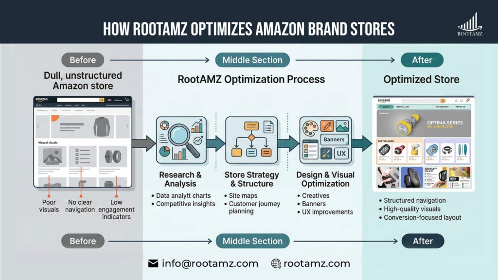 RootAMZ Amazon brand store optimization process showing transformation from basic storefront to high converting optimised store design.