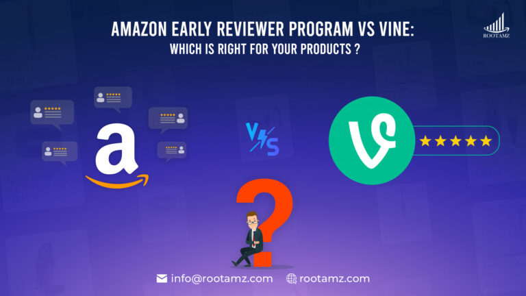 Infographic comparing Amazon Early Reviewer Program vs Amazon Vine discontinued vs active review programs for sellers, with key differences highlighted, by rootamz.com